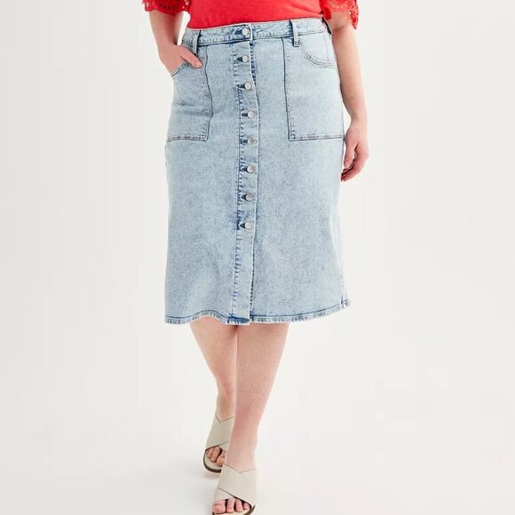 Sonoma Womens Jean Midi Skirt Size 18W Acid Wash Button Fly Retro 80s Style - Picture 1 of 11